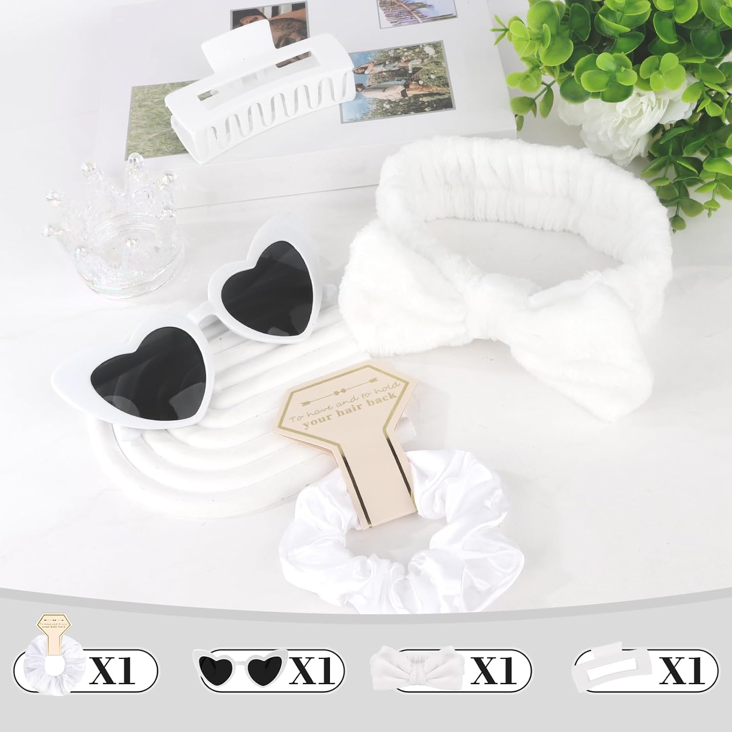 4 Pcs White Bridesmaid Proposal Gifts Bridesmaid Spa Headband, Hair Claw Clips, Heart Shaped Sunglasses and Smooth
