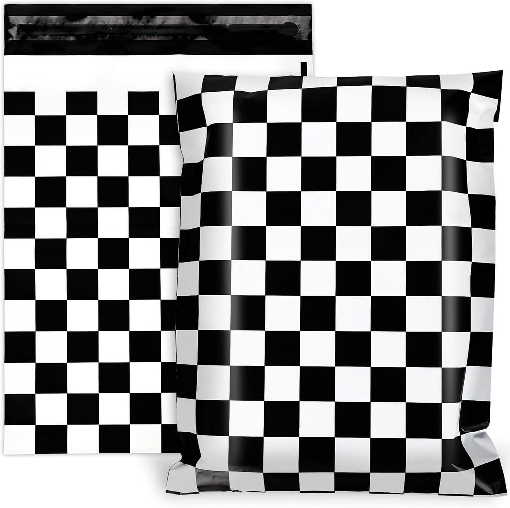 100Pcs 10 x 13in Checkered Poly Mailers Classic Black and White Plaid Packing Bags with Self-Sealing Decorative Gift