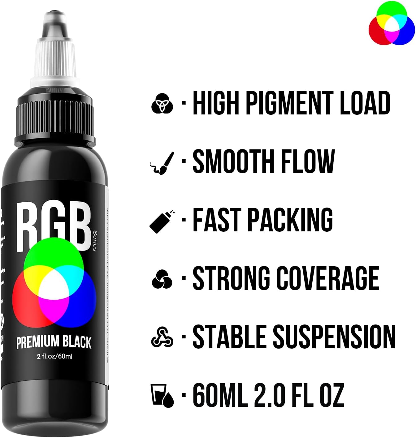 Black Tattoo Ink 2 oz (60ml) USA Premium Black Tattoo Supplies RGB TI205-60-003