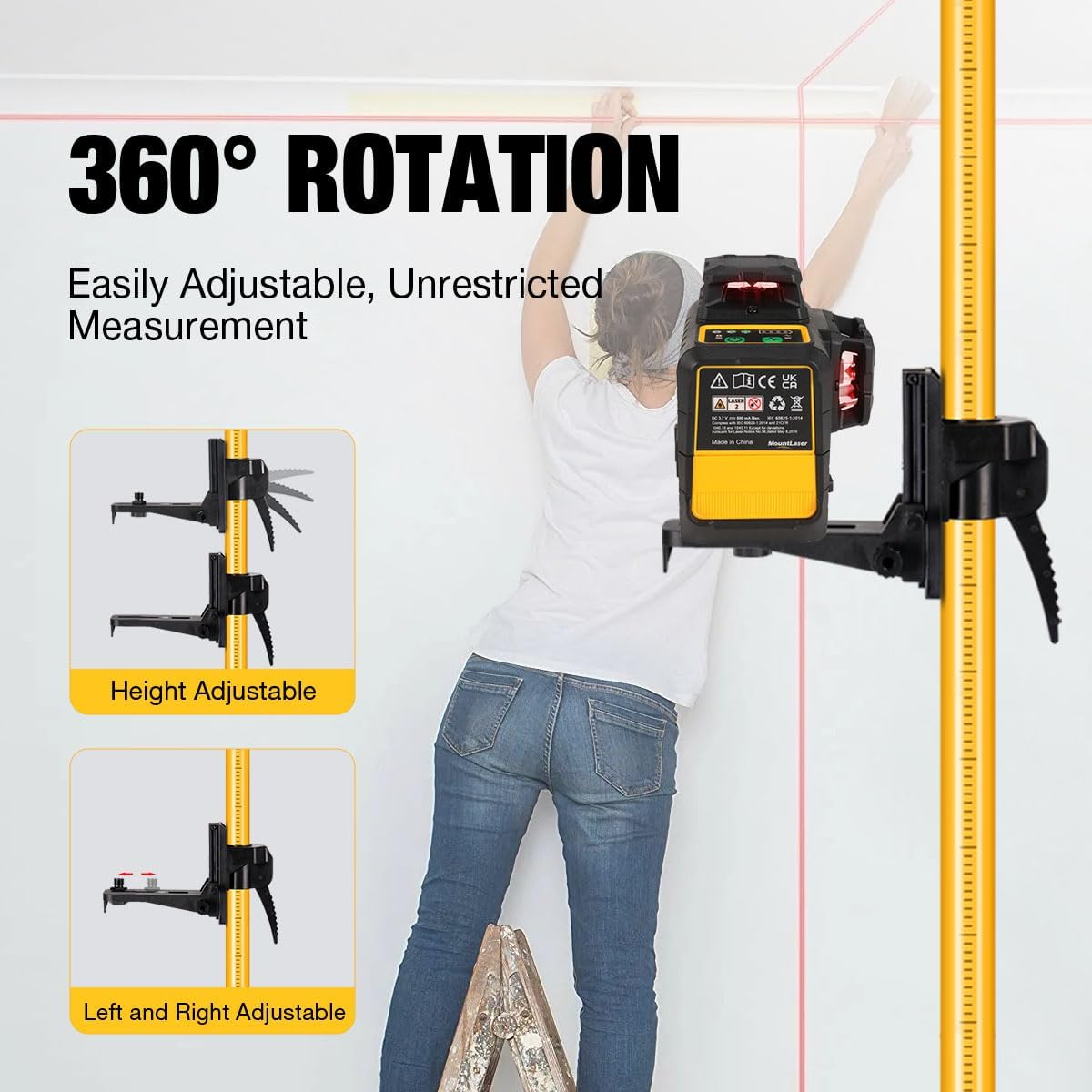 15.8Ft/4.8M Professional Laser Level Pole with Tripod & Mount - 1/4" & 5/8" Adapters, Adjustable Telescoping Laser