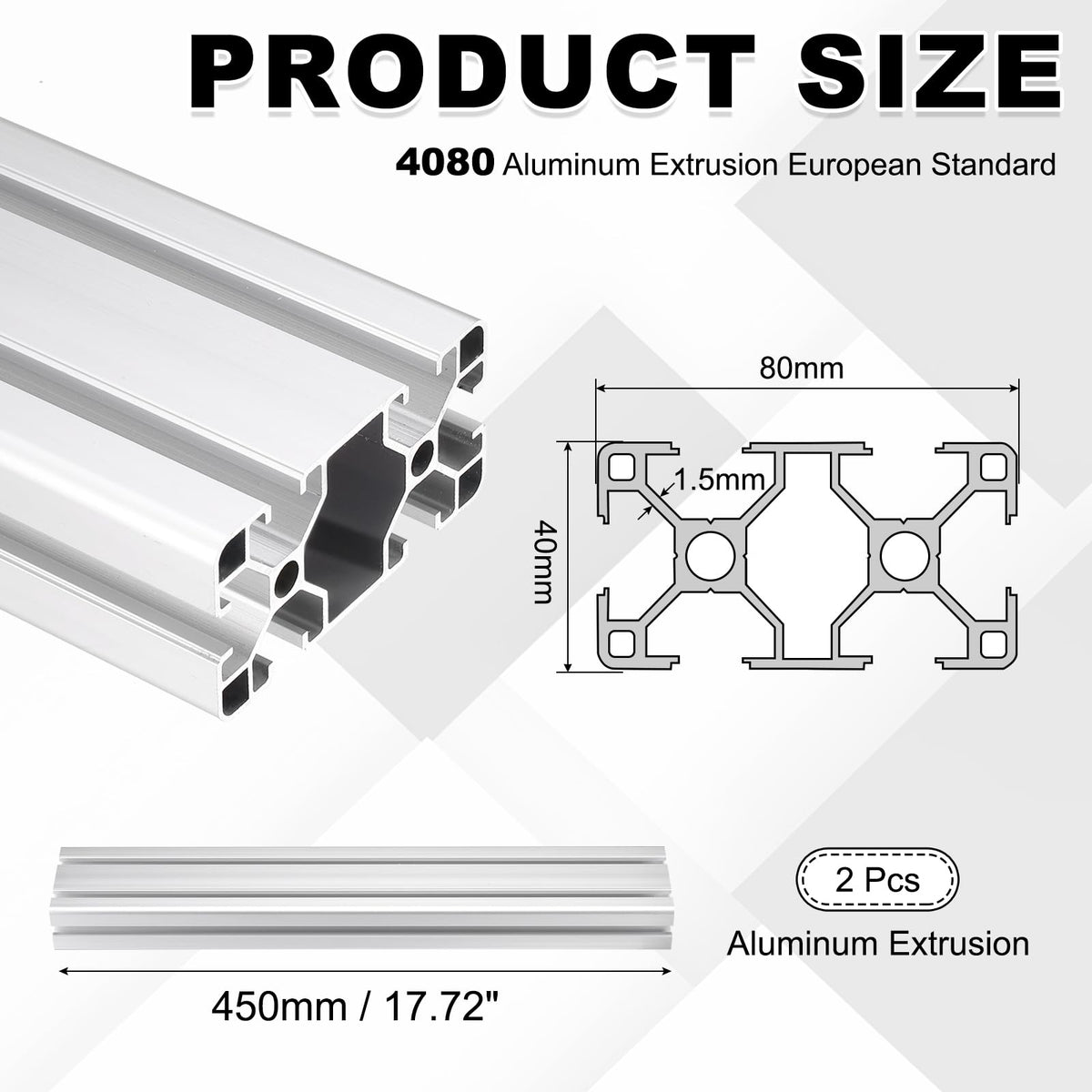 uxcell 2Pcs 450mm 4080 Aluminum Extrusion Profile, Anodized Linear Rail