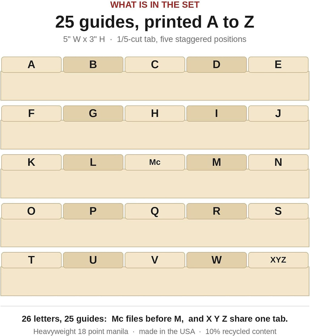 Manila Card File Guides, Index Card Dividers, 3x5 A-Z Tabs 25 Set | Alphabetical index card dividers 3x5 sort a 3 x 5