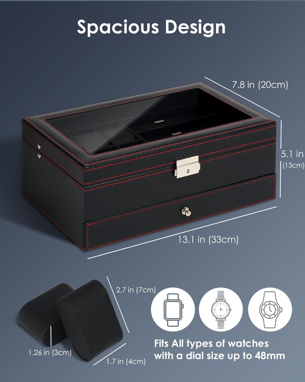 Watch Jewelry Box Organizer, 6-Slot 2-Layer Watch Case and Sunglasses Storage with Large Glass Lid, Men's Jewelry Box