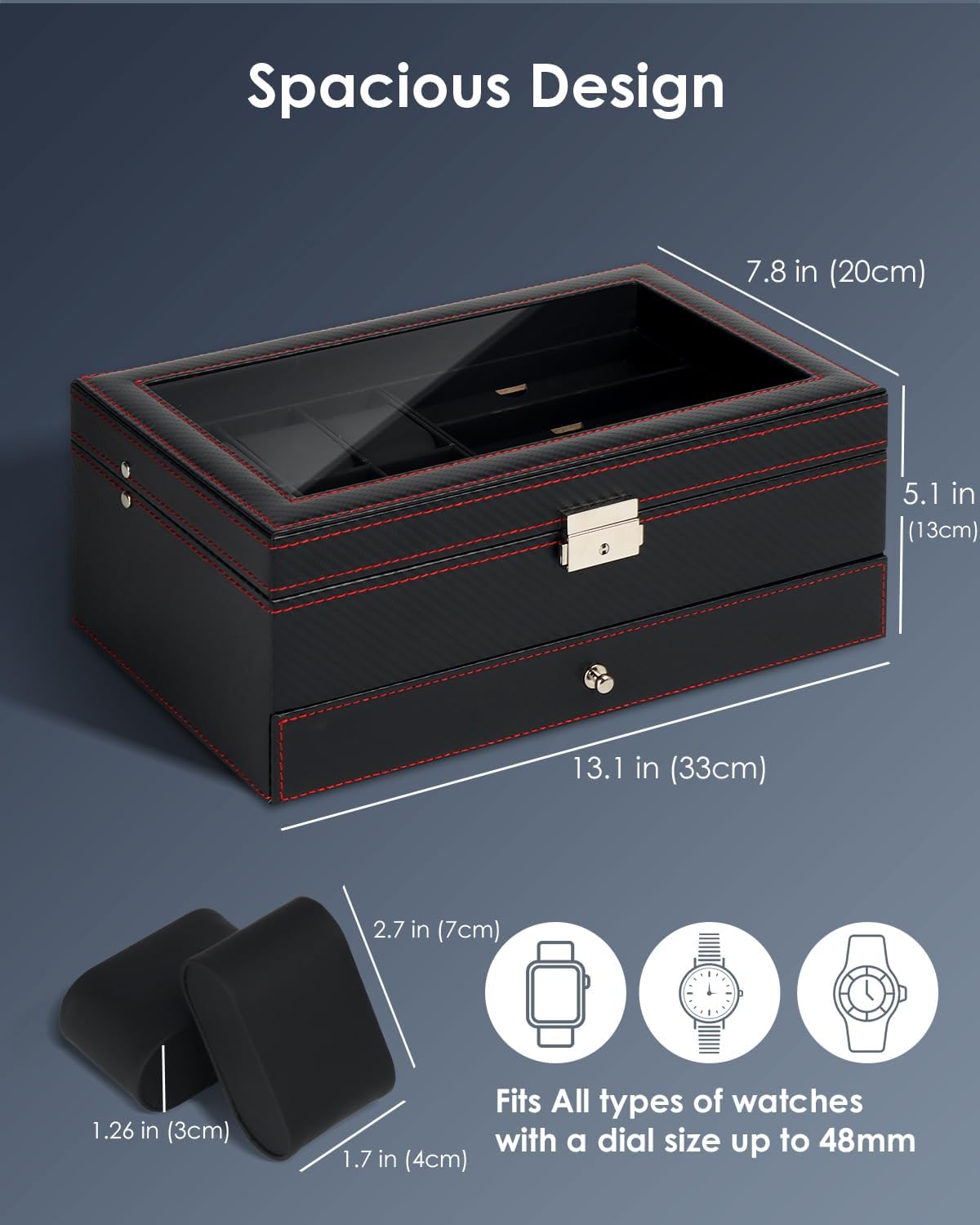 Watch Jewelry Box Organizer, 6-Slot 2-Layer Watch Case and Sunglasses Storage with Large Glass Lid, Men's Jewelry Box
