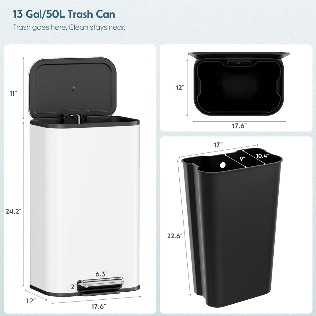 13.2 Gallon 50L Square Step Kitchen Trash Can, Stainless Steel,White