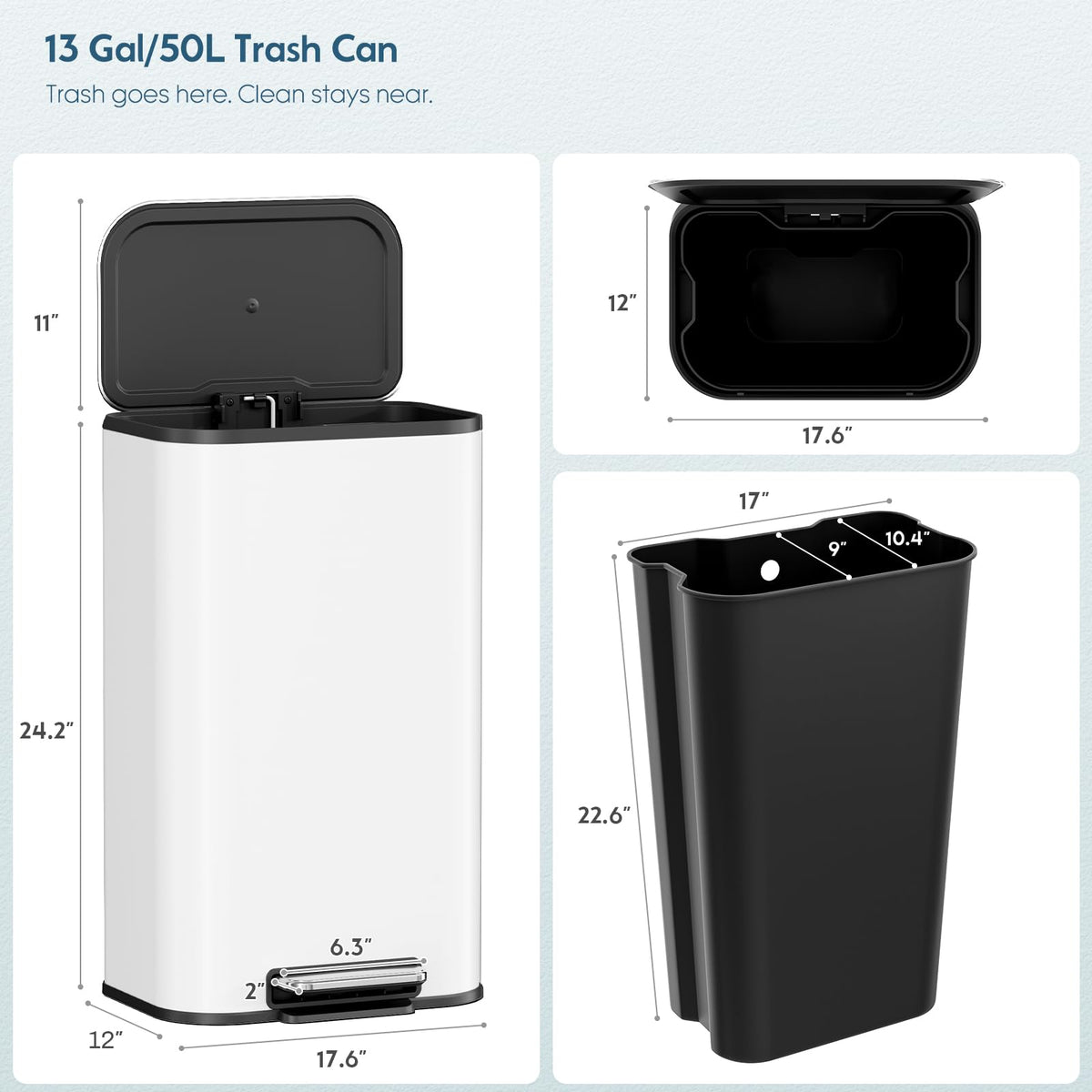 13.2 Gallon 50L Square Step Kitchen Trash Can, Stainless Steel,White