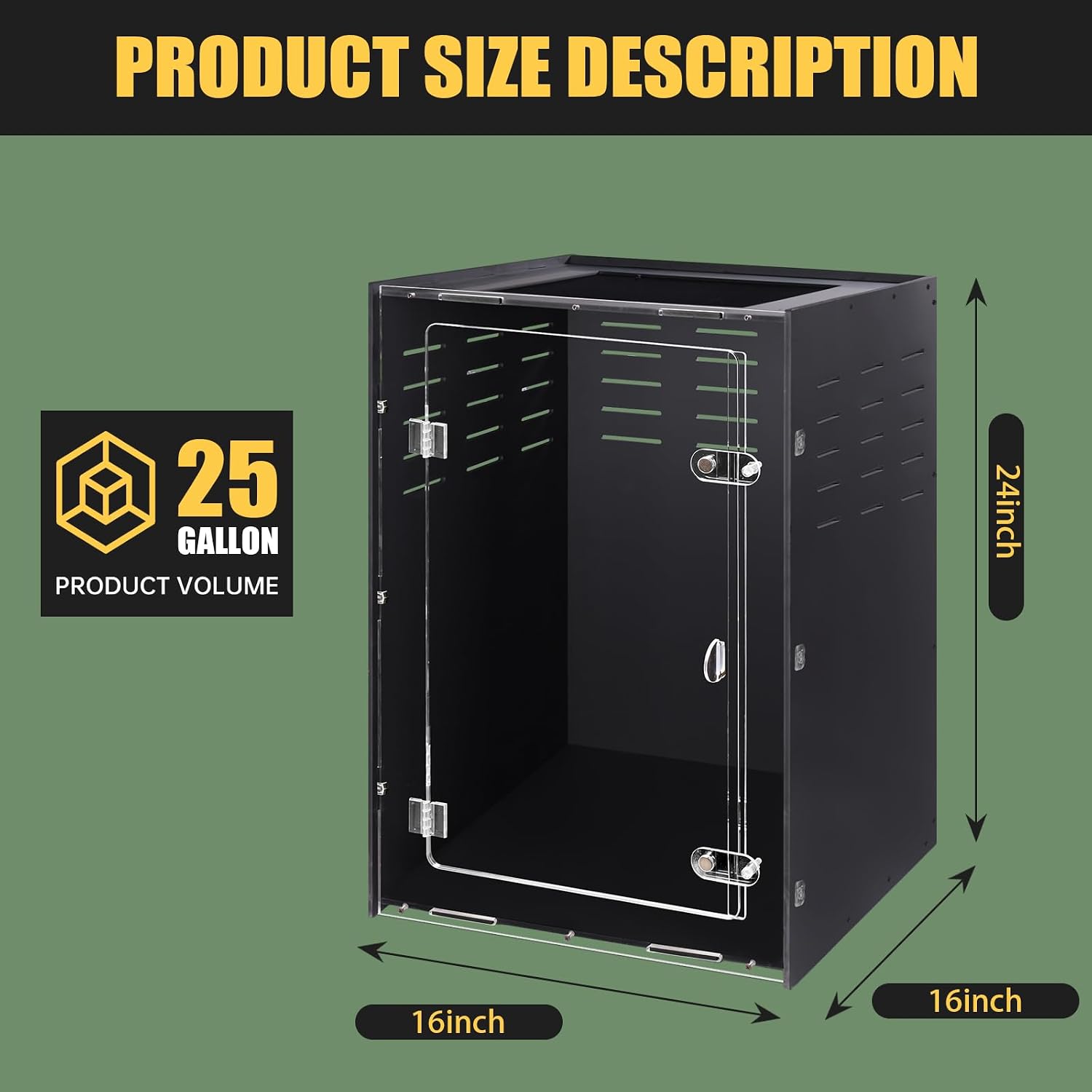 16x16x24 Black PVC Reptile Tank for Adult Reptiles, Front Opening | Black PVC dark interior, front-opening design
