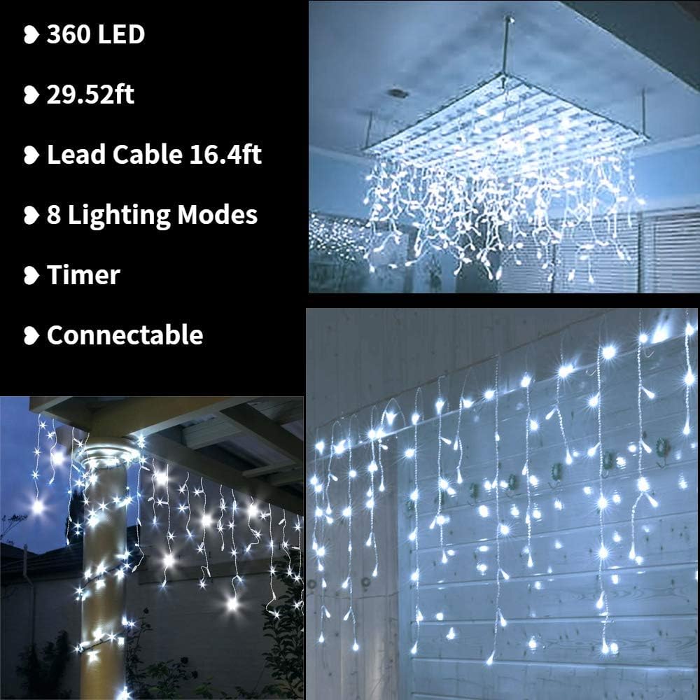 Christmas Icicle Lights Outdoor, 360 LED 29.5ft 8 Modes Fairy Icicle String Light with 60 Drops, Led Christmas Lights