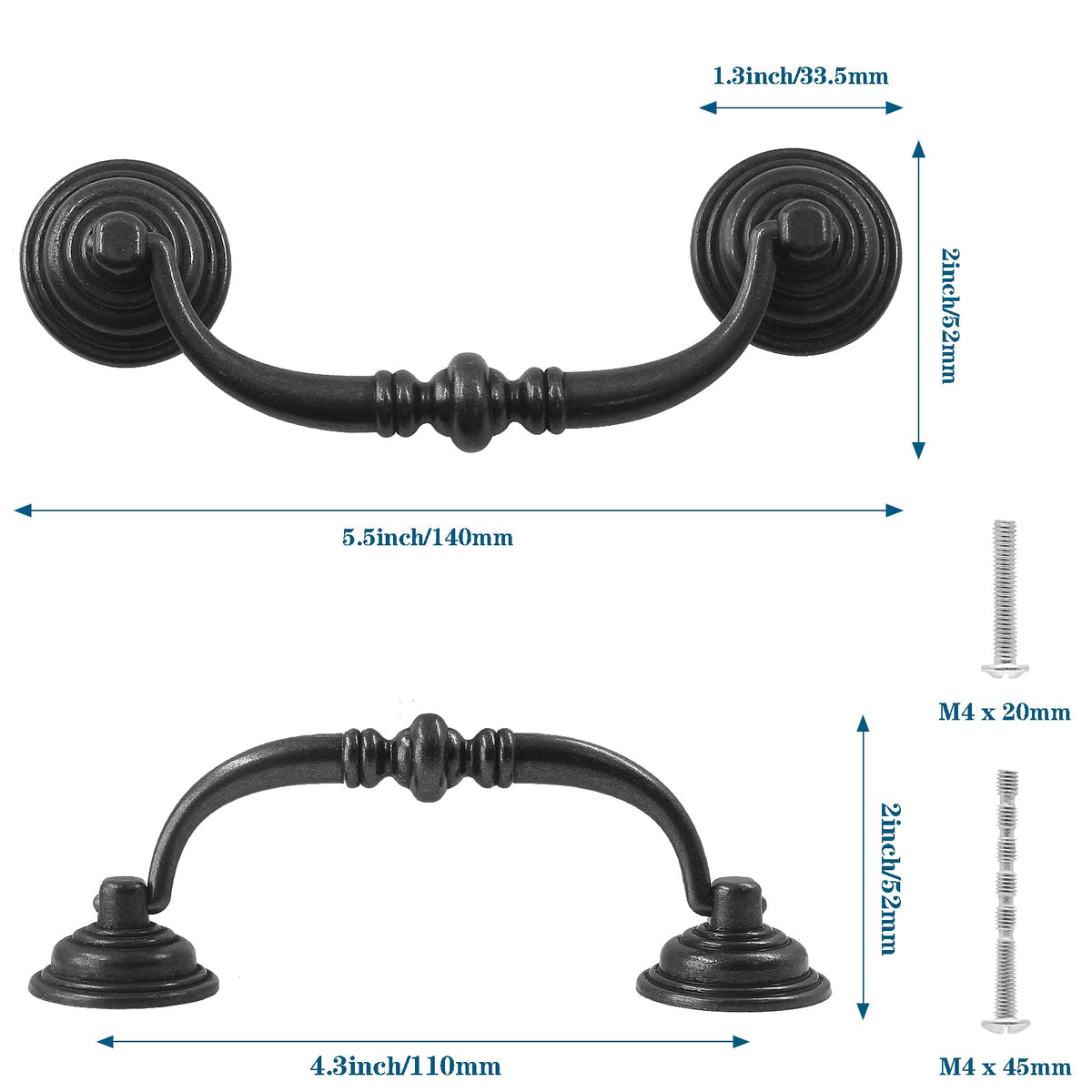 Antique Drop Bail Pulls, 4.3" Hole Center, 6PCS