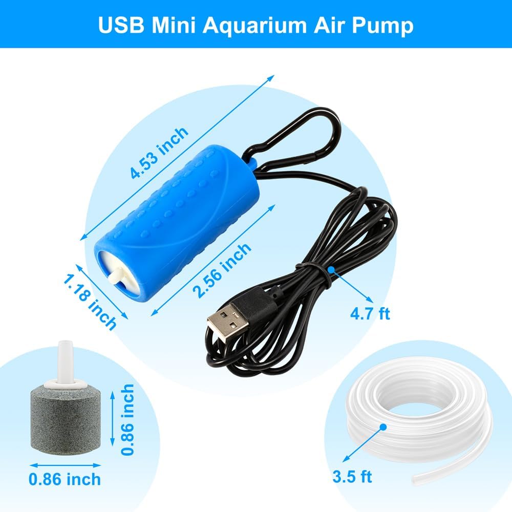 USB Mini Aquarium Air Pump Ultra Quiet Fish Tank Air Pump with Black Hanging Clasp Portable Aquarium Oxygen Aerator