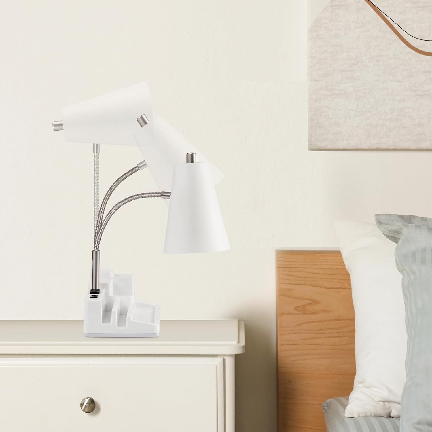 E26 Desk Lamp with 1 USB Charging Port and 1 AC Outlet, Organizer Base, Adjustable Neck, On/Off Switch, Modern Table