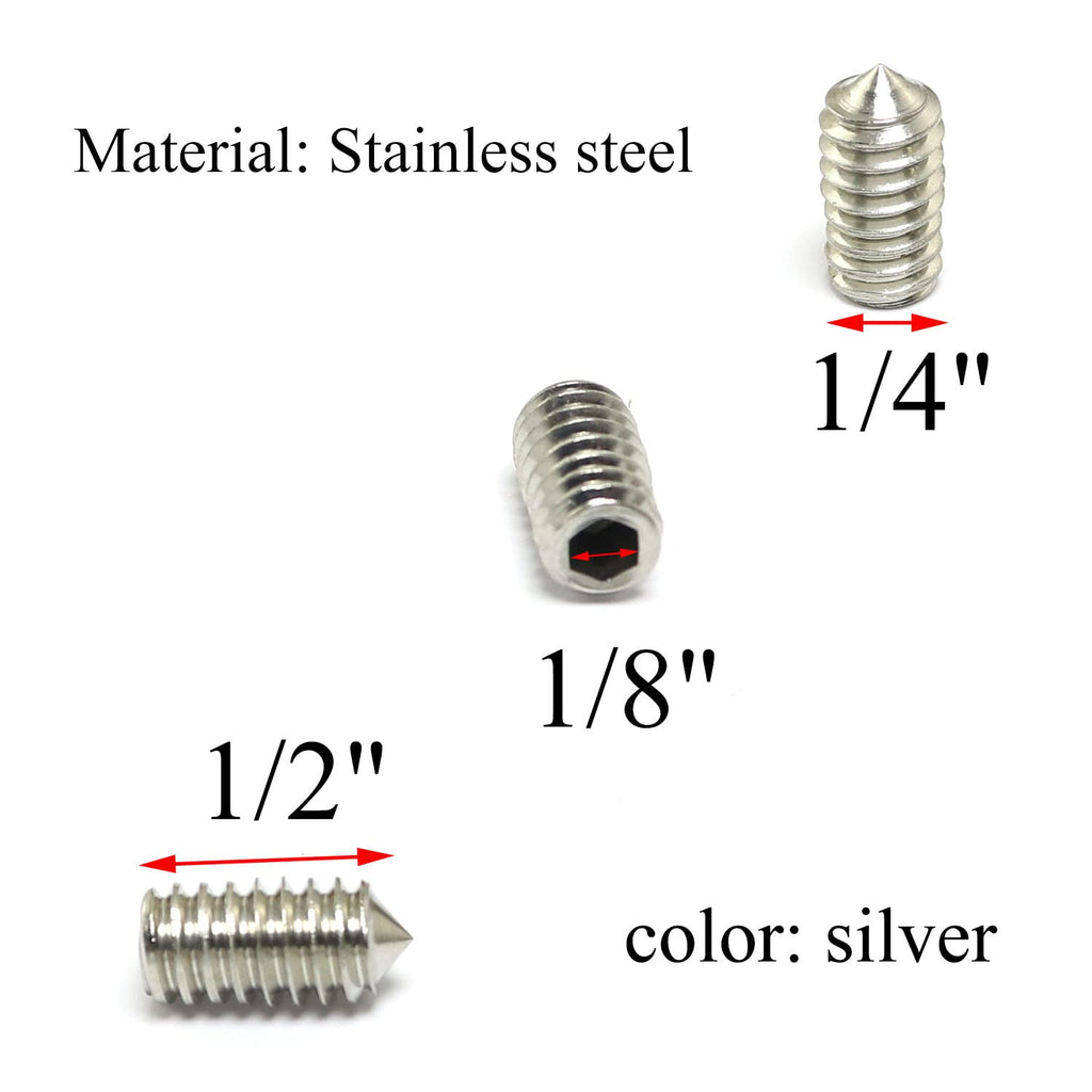 20pcs 1/4-20x1/2 Hexagon Hex Socket Set Grub Screws 304 Stainless Steel Full Thread Cone Point Grub Screw