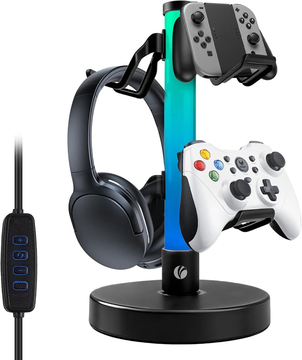 COM Headphone Stand with 17 Light Modes, Gaming Controller Holder with Remote Control, PC Gaming Accessories for