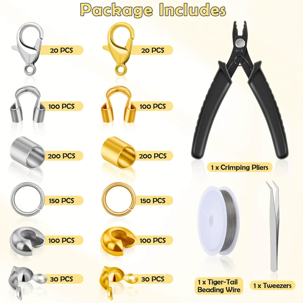1200 Pcs Crimp Beads Supplies for Jewelry Making, Including Crimp Covers, Crimp Tubes and Wire Guardians, Lobster