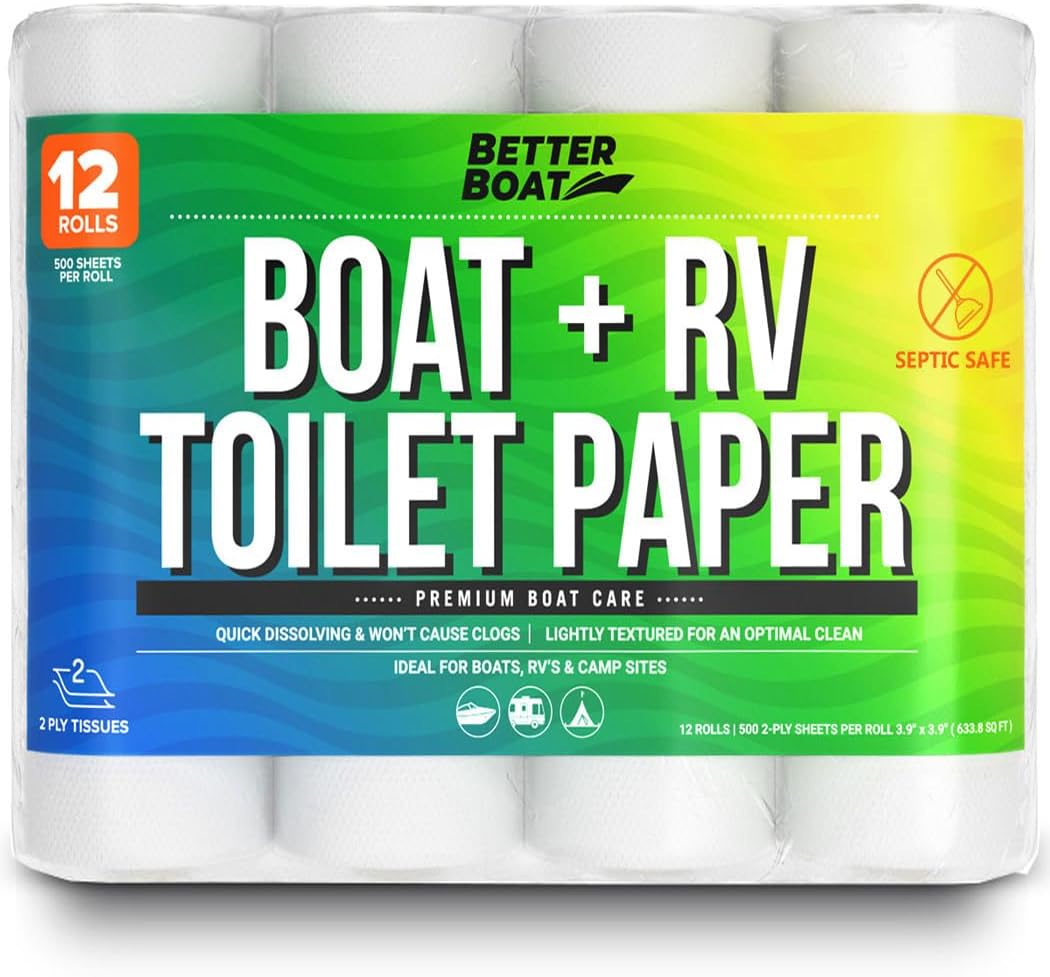RV Toilet Paper 12 Rolls (500 Sheets Each), Rapid Dissolving 2-Ply