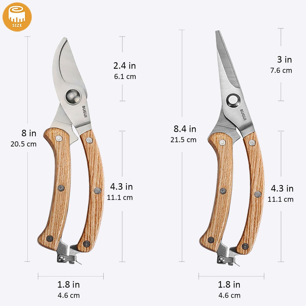 8” Wood Handle Garden Scissors, Set of 2, Includes Bypass Pruning Shears and Long Straight Tip Clippers, Premium
