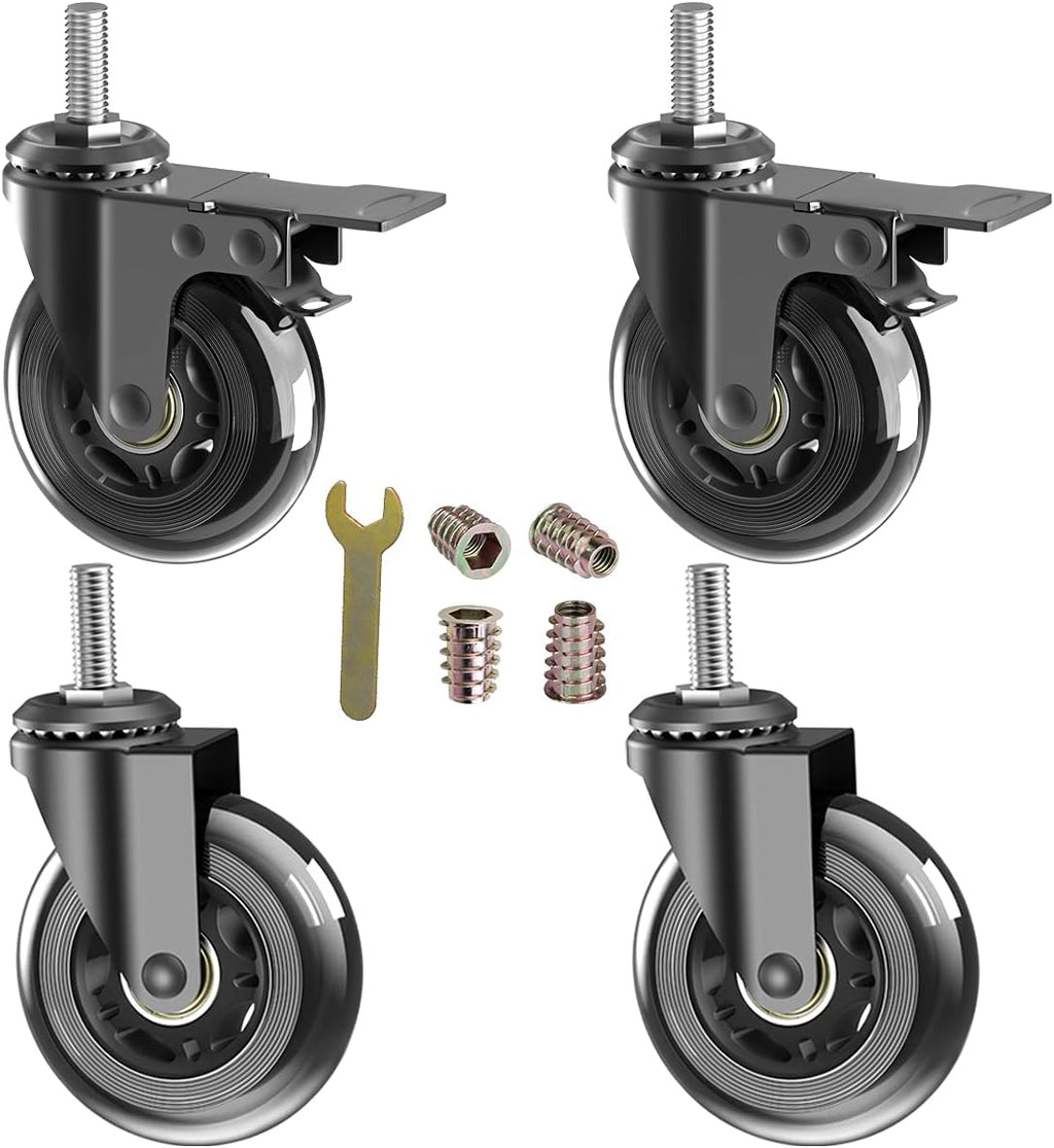 3" Caster Wheels,Heavy Dudy Swivel Casters Set of 4 (2 with Matel Brake,2 No Brake) 3/8"-16x1"Threaded Stem