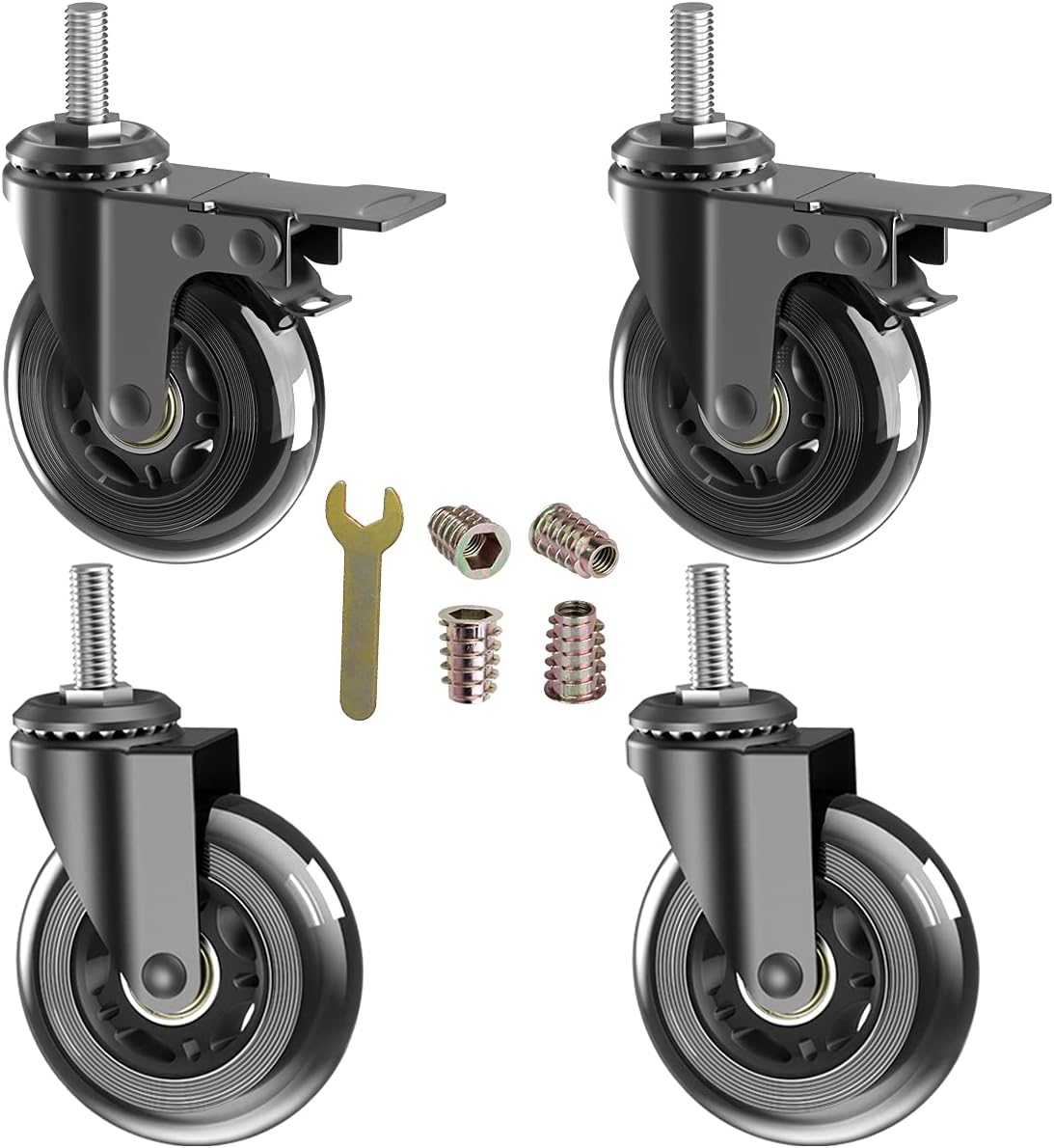 3" Caster Wheels,Heavy Dudy Swivel Casters Set of 4 (2 with Matel Brake,2 No Brake) 3/8"-16x1"Threaded Stem