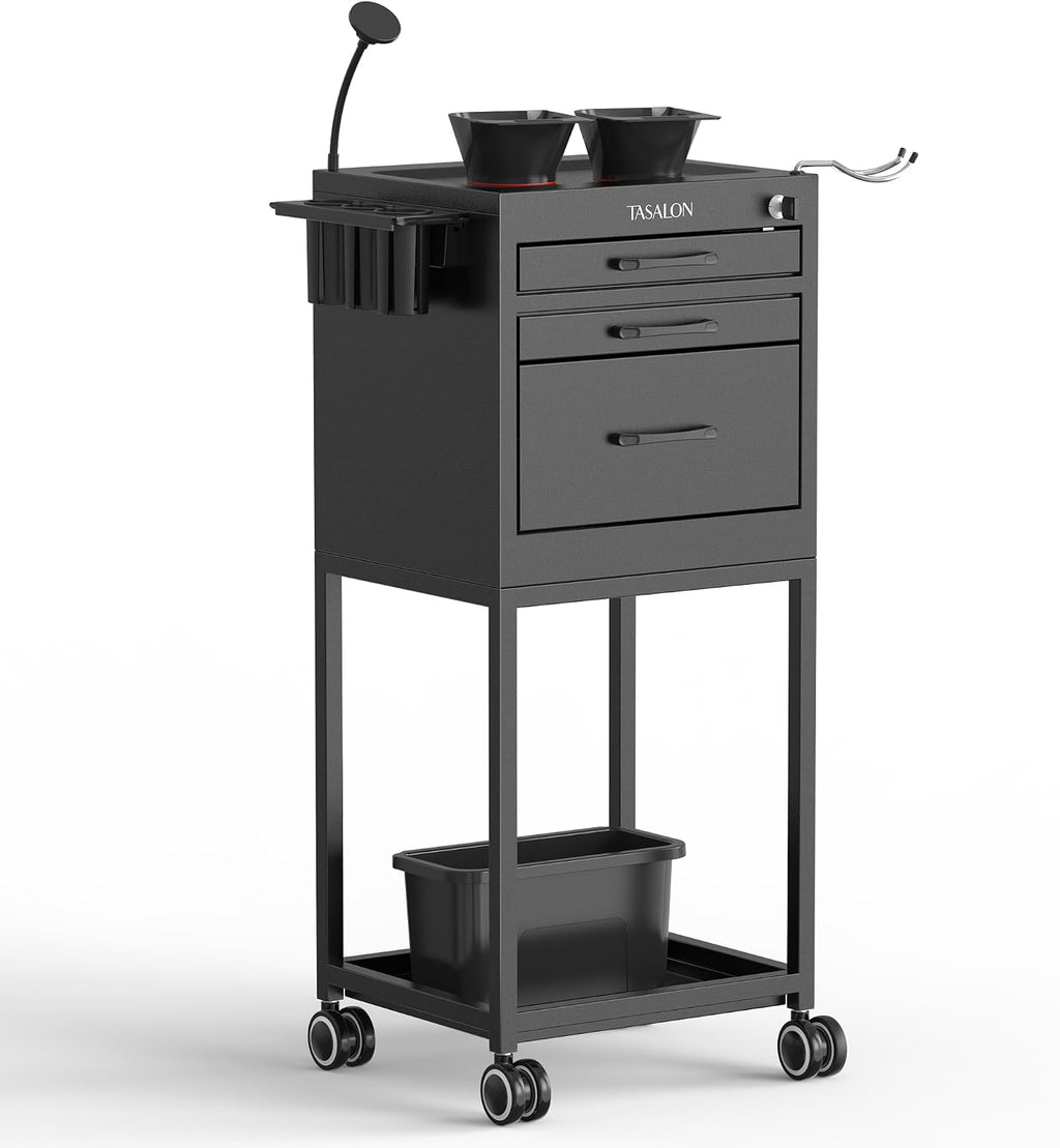 Salon Trolley Cart with Wheels, Lockable Metal Rolling Cart with Drawers, Magnetic Bowls & Phone Holder, Mobile