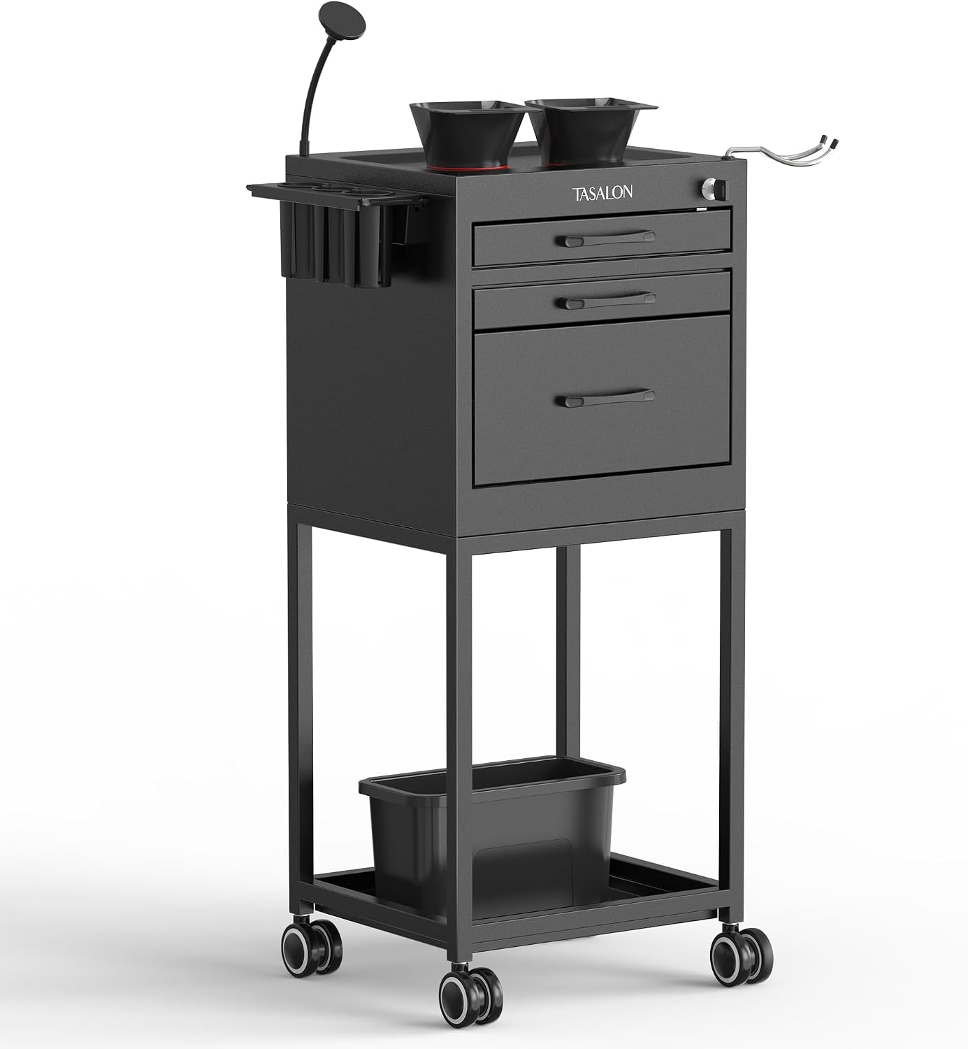 Salon Trolley Cart with Wheels, Lockable Metal Rolling Cart with Drawers, Magnetic Bowls & Phone Holder, Mobile