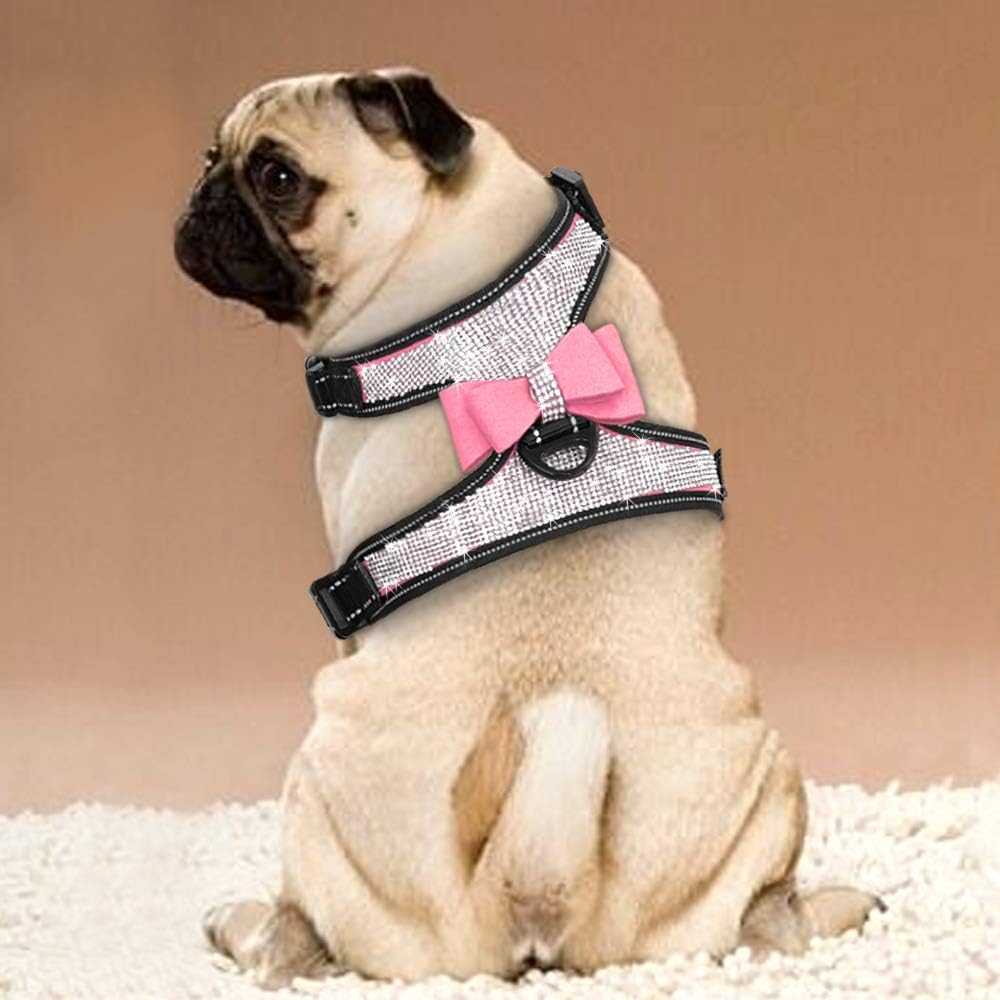 Rhinestone Dog Harness with Sparkly Bow Tie, Pink,S,Chest 11-14"
