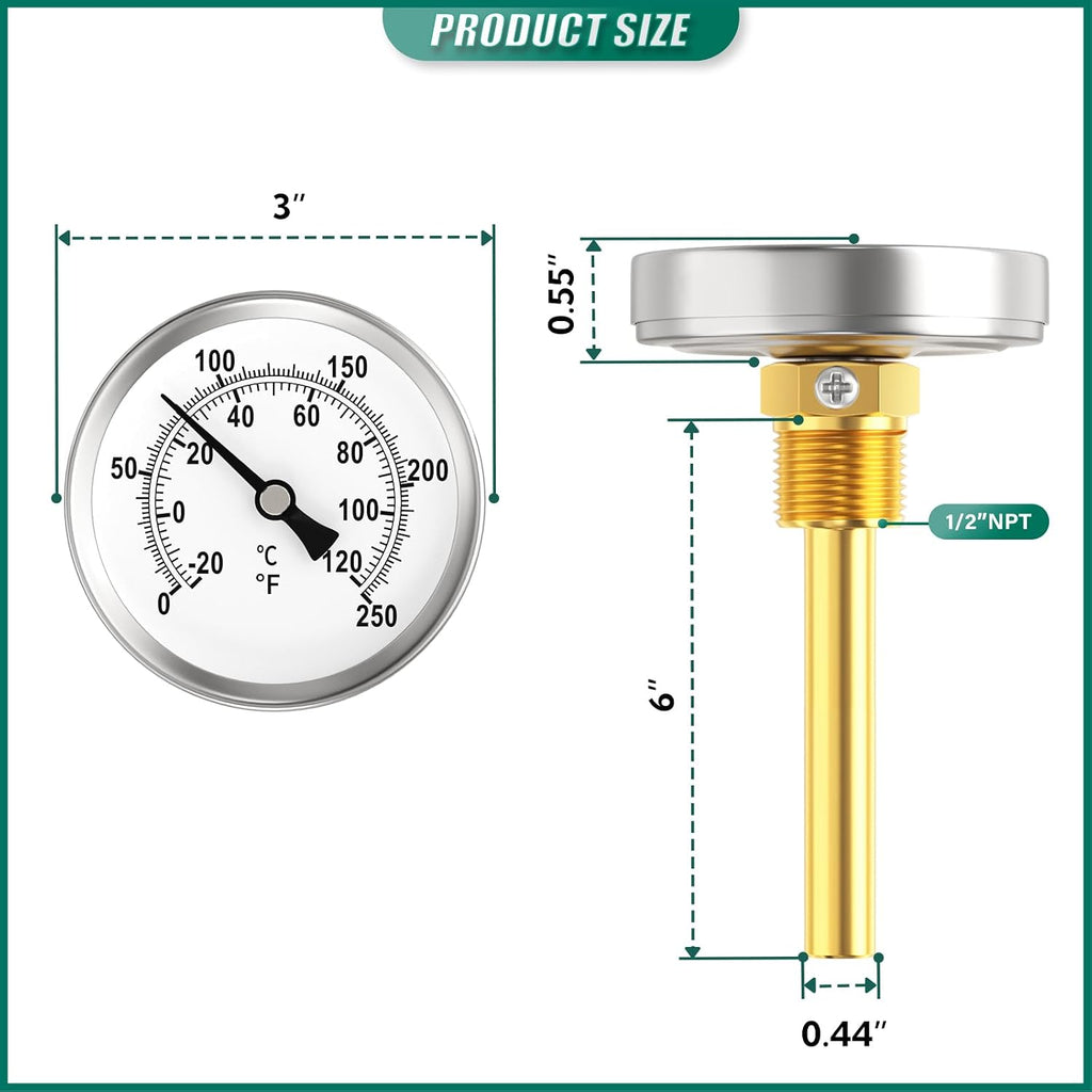 Bimetal Thermometer, 0-250°F/-20-120℃, 1/2" NPT Connection Thread