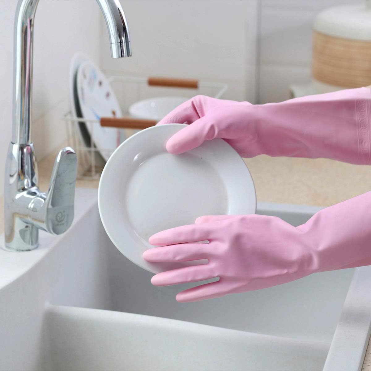Household Cleaning Gloves - 2 Pairs Reusable Kitchen Dishwashing Gloves with Latex Free, Cotton lining, Waterproof