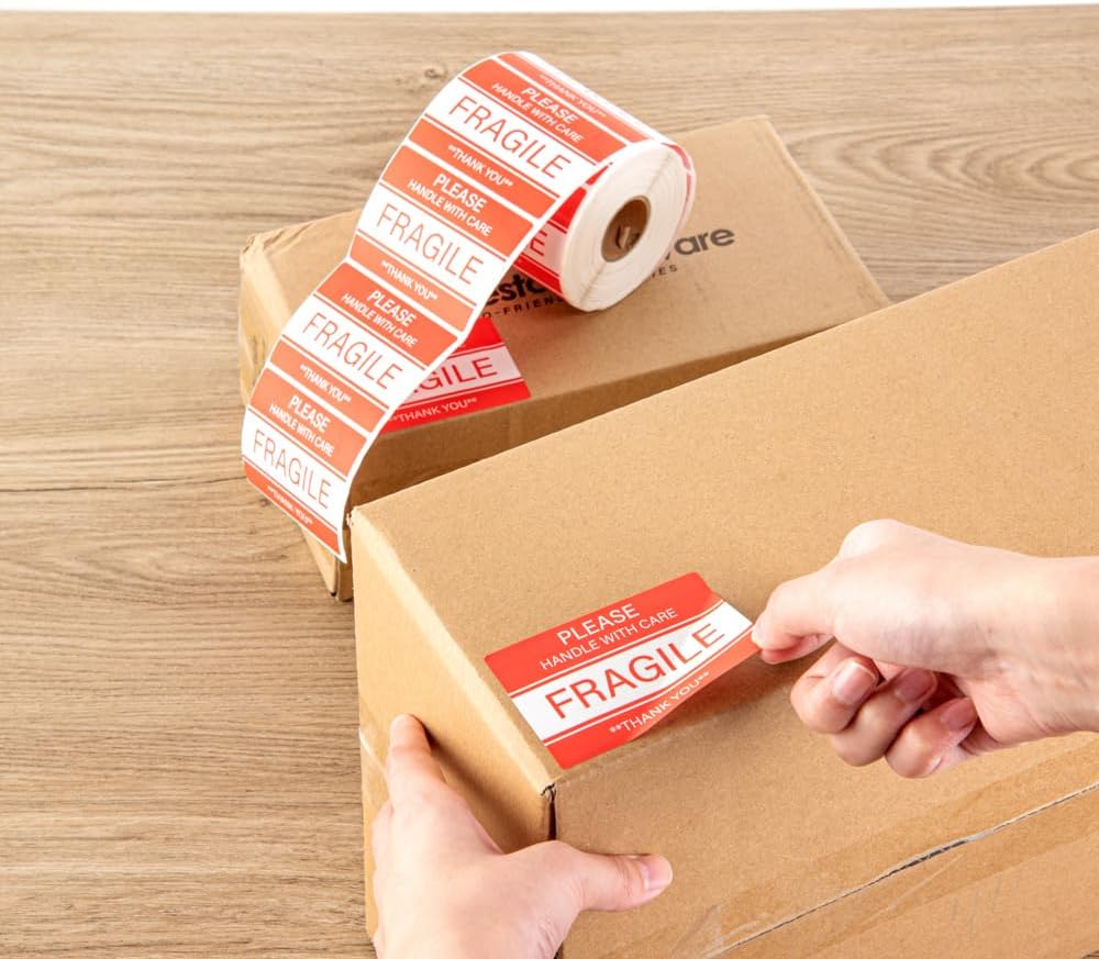 Label Tek 3 x 2 Inch Packaging Stickers, 500 Premium Shipping Labels - Handle with Care, Sustainable, Red and White