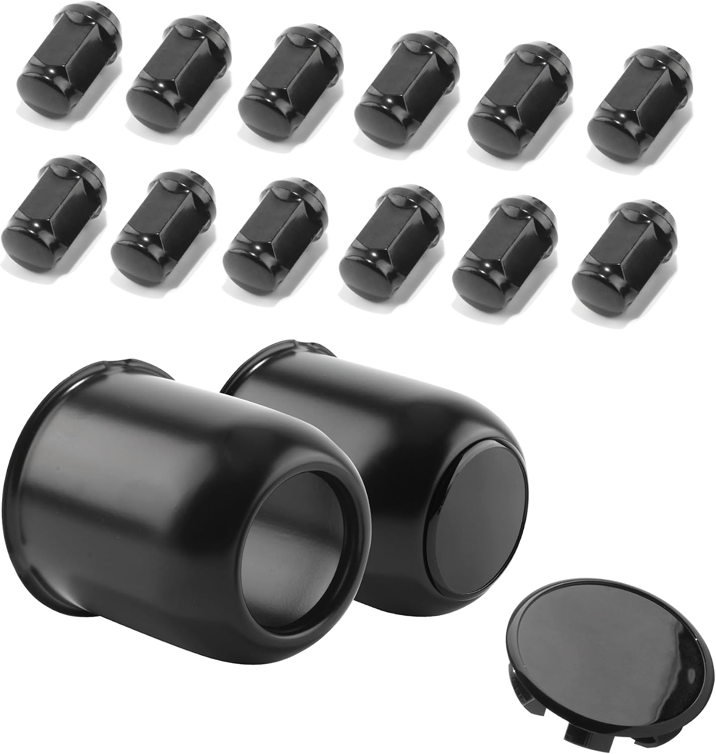 2-Pack Trailer Push Through Center Caps and Trailer Wheel Lug Sets - 3.19in Wheel Center Caps High Gloss Black Wheel