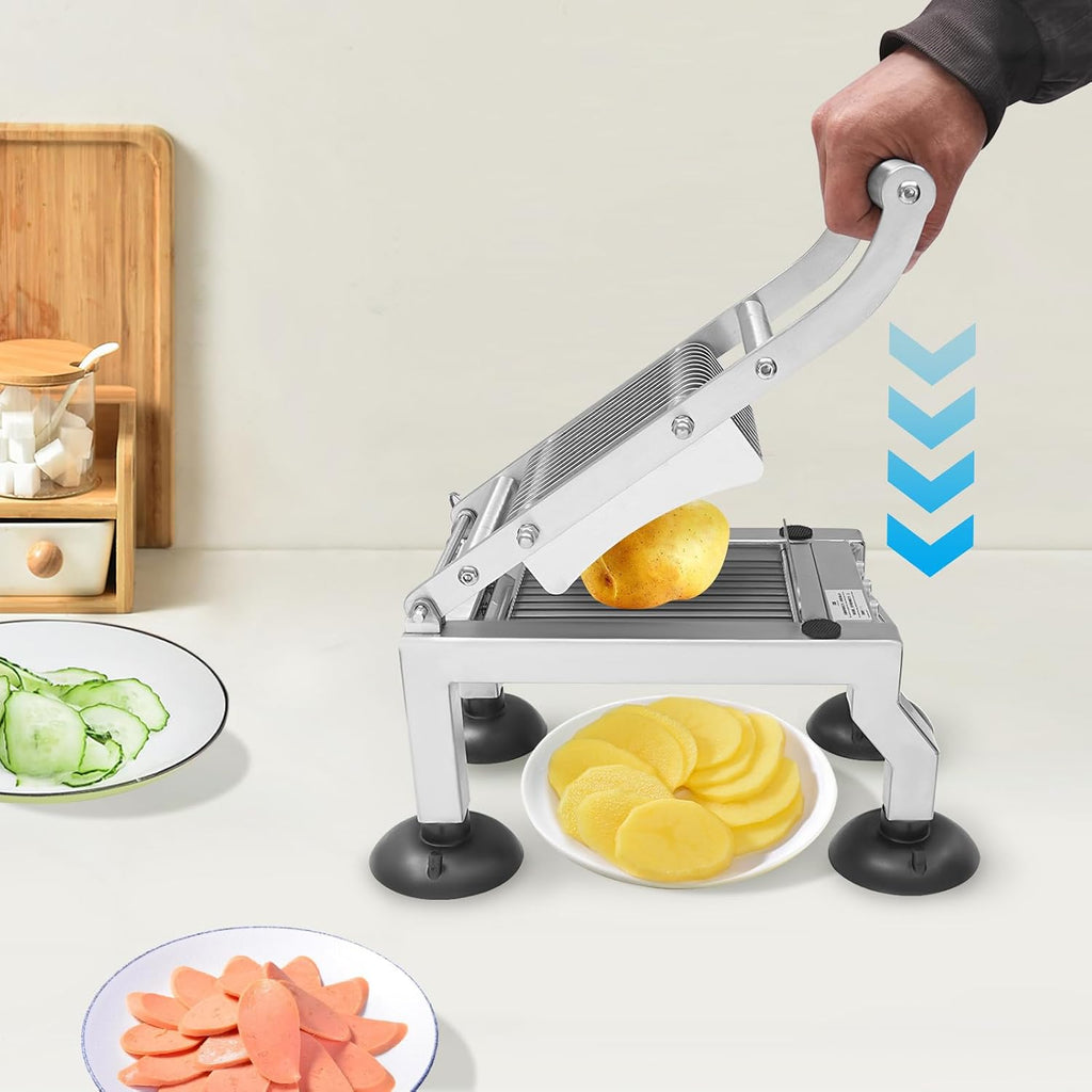 Commercial Stainless Steel Manual Fruit & Vegetable Slicer, 10mm Thickness Kitchen Prep Tool with Suction Cups for
