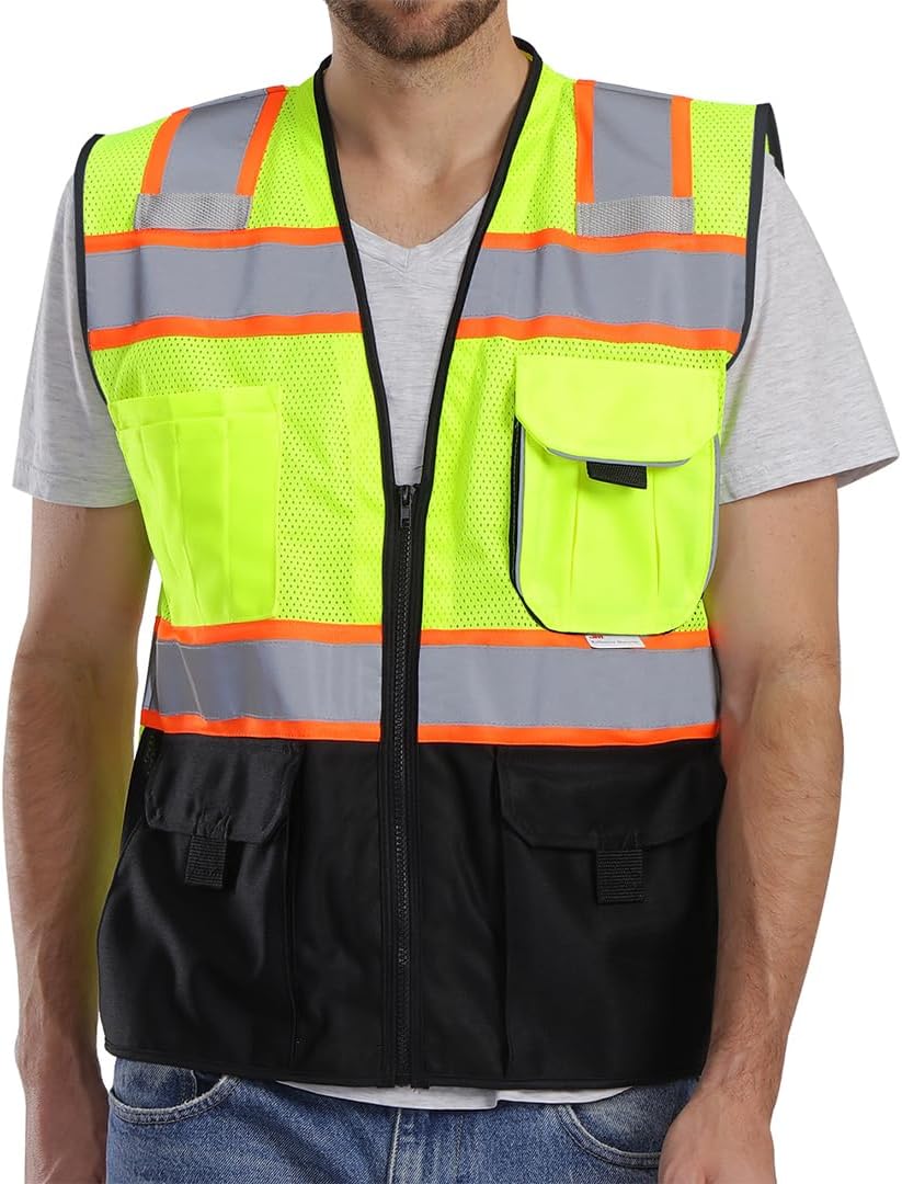 Reflective Safety Vest with Pockets Zipper, Yellow and Black L | Made with 3M Reflective Tape, ANSI Class 2 Compliant