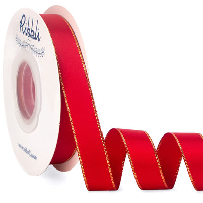 Red Satin Ribbon with Gold Edge,Double Faced Satin 5/8 Inch x Continuous 25 Yards,Red Ribbon Use for Crafts, Gift