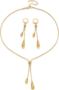 Gold Plated Teardrop Jewelry Set for Women - Hypoallergenic Adjustable Lariat Necklace & Earrings - Minimalist