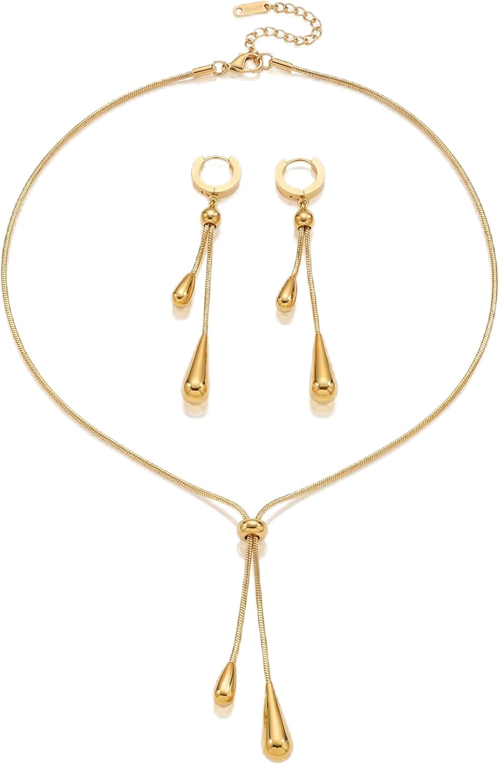 Gold Plated Teardrop Jewelry Set for Women - Hypoallergenic Adjustable Lariat Necklace & Earrings - Minimalist