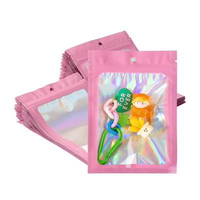 50Pcs Pink Holographic Mylar Bags 6x9 inch Resealable Packaging