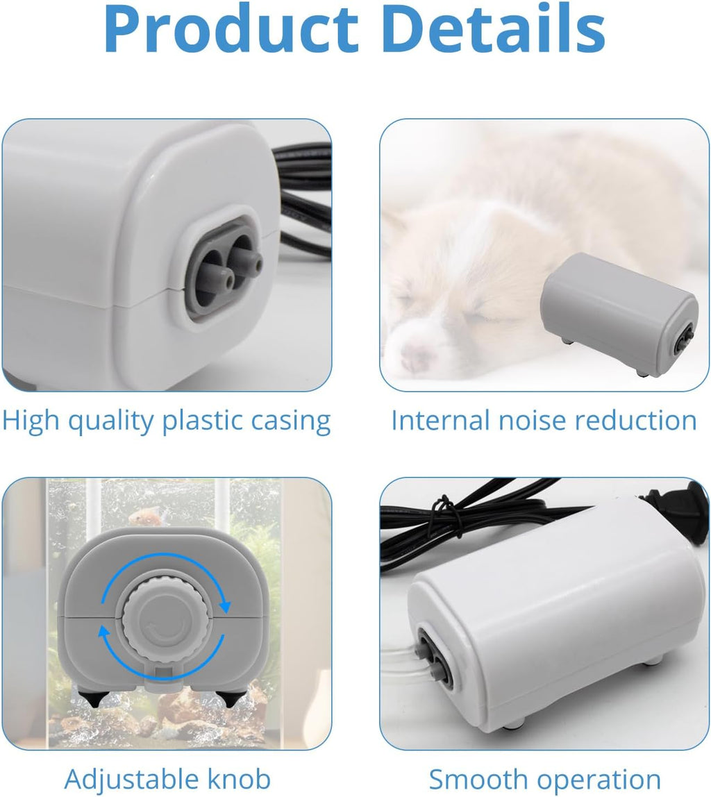 Aquarium Air Pump for Fish Tank, 2 Outlets Adjustable Bubbler, Ultra Quiet & Powerful (3W/5W/10W), Includes Air