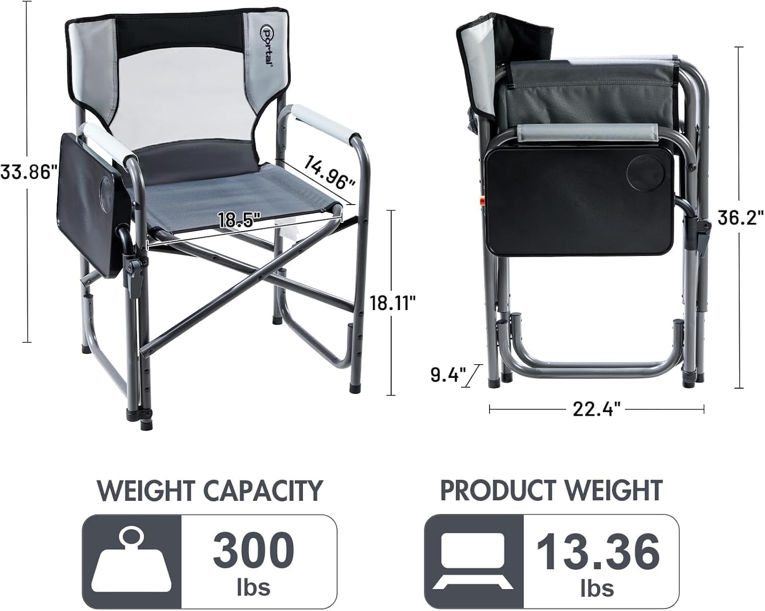 Director Camping Chair with 2-Way Rotating Side Table, 300 lb, Gray | Height-Adjustable Swivel Tray with Cup Holder