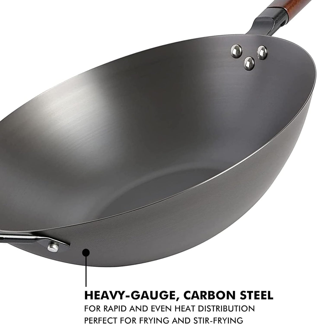 14 Inch Carbon Steel Wok Pan, Flat Bottom Stir Fry Pan, Induction