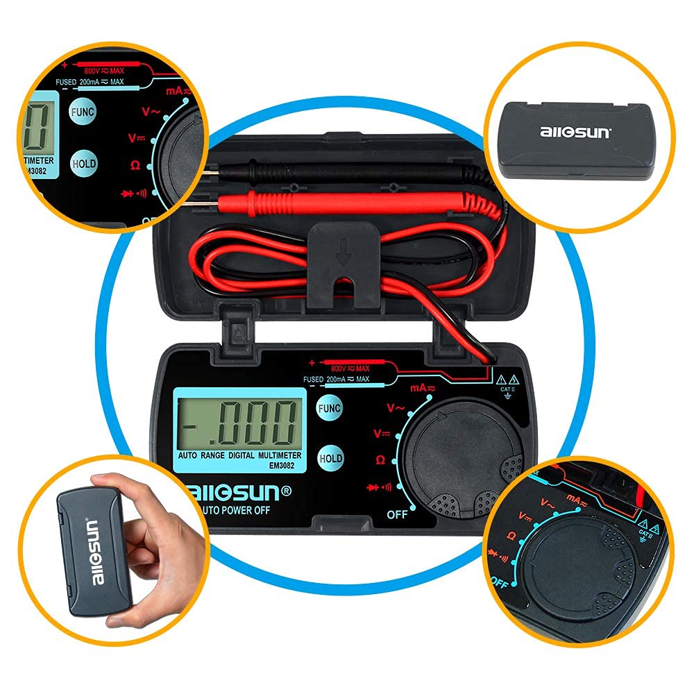 allsun Mini Folding Digital Multimeter, Auto Range Voltage, Current Tester