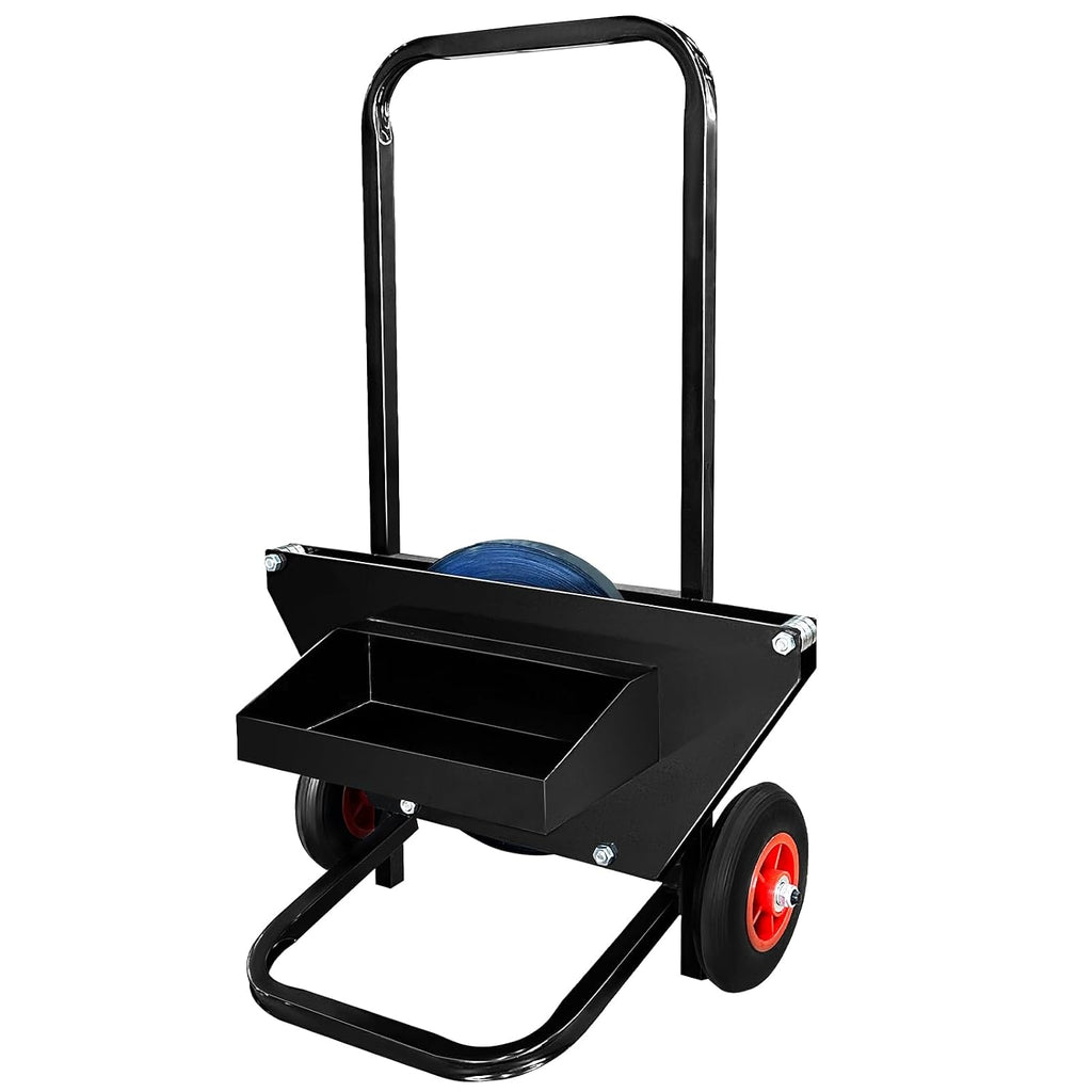 Heavy Duty Strapping Cart & Dispenser for Steel Strapping Coils with Over 9.5" Core Size Integrated Tool & Seal Tray