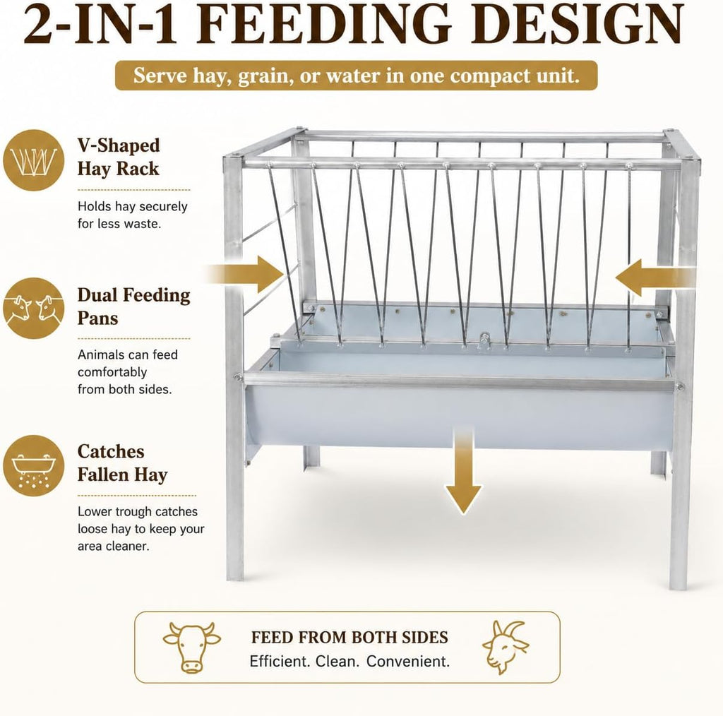 Hay Feeder 53 Gal, 2-in-1 Livestock Hay Rack and Grain Trough, Heavy-Duty Hay Grain Livestock Feeder with Dual