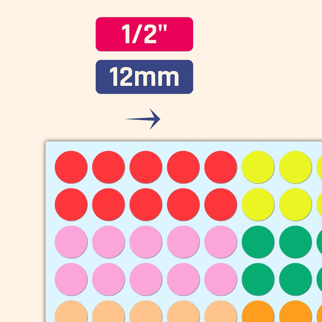 6000 Pieces, 1/2" - Colored Dot Stickers, Round Labels - 15 Colors
