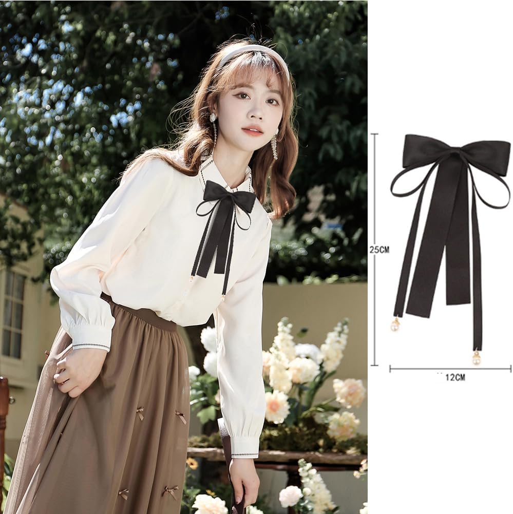 JKQBUX Elegant Bow Tie for Women Girls,Ladies Party Long Pre Adjustable Pearl Bow Tie Necktie Bowtie female ribbon