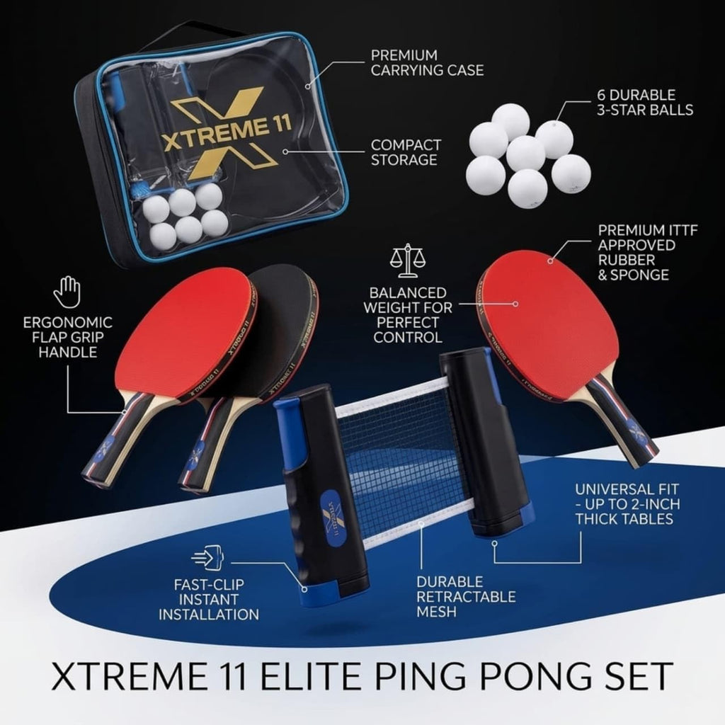 Adult Table Tennis Set, 4 ITTF Paddles, 6 Balls & Retractable Net