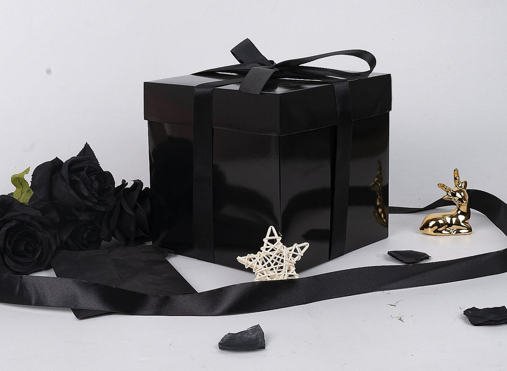 5 Pack Black Gift Boxes with Lids, Ribbons and Tissue Papers Square Gift Boxes - 7.1 Inch - Birthday, Wedding