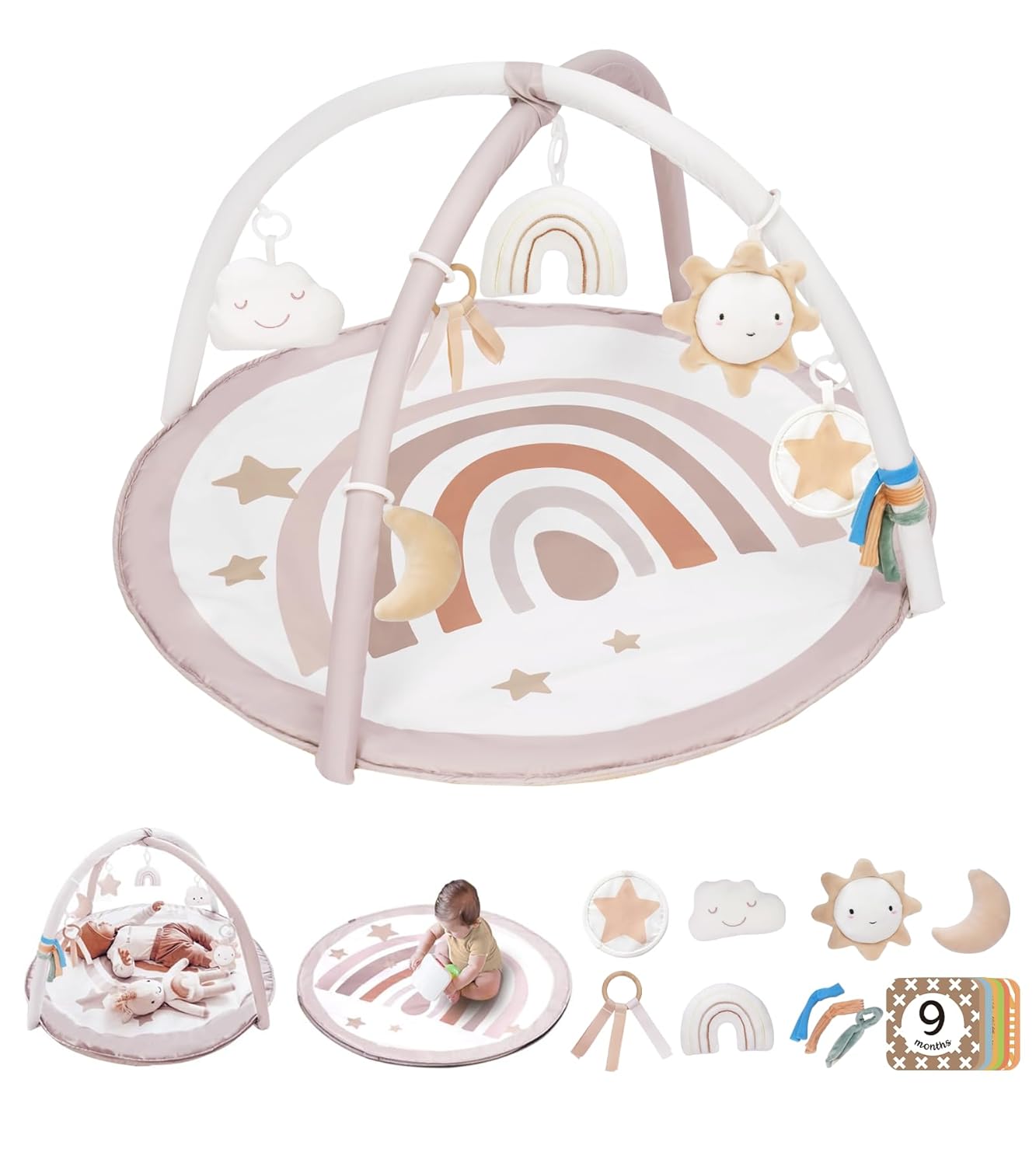 Baby Play Gym Mat, Tummy Time Activity Mat with 7 Detachable Toys and 12 Milestone Cards for Stage-Based Sensory and