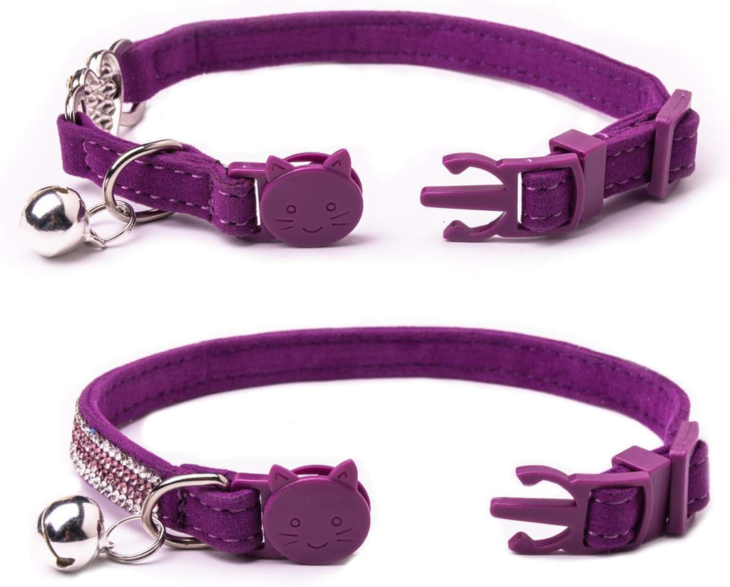 Rhinestone Cat Breakaway Collar Pack of 2 Purple Kitten Collars with Bell