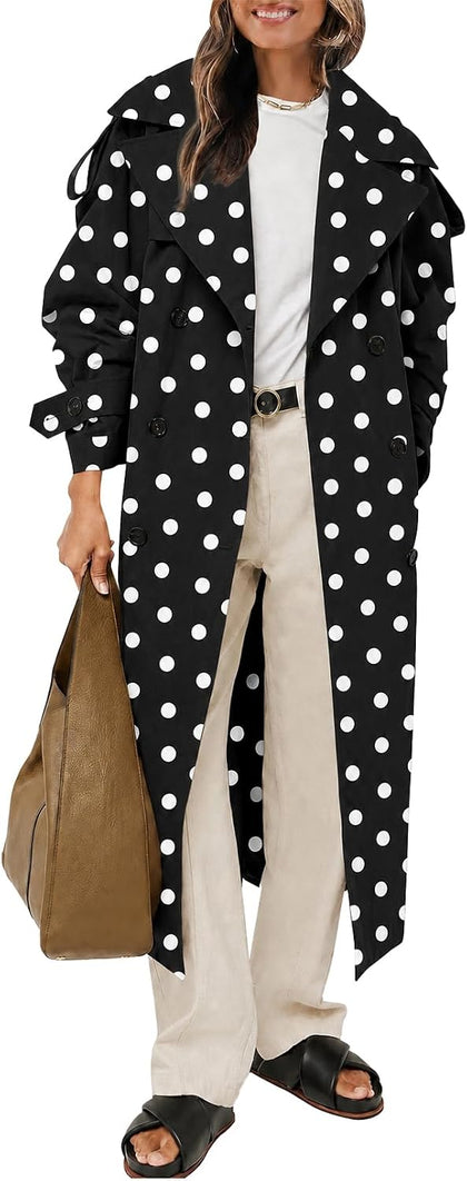 Womens Oversized Long Trench Coat Double Breasted Lapel Windproof