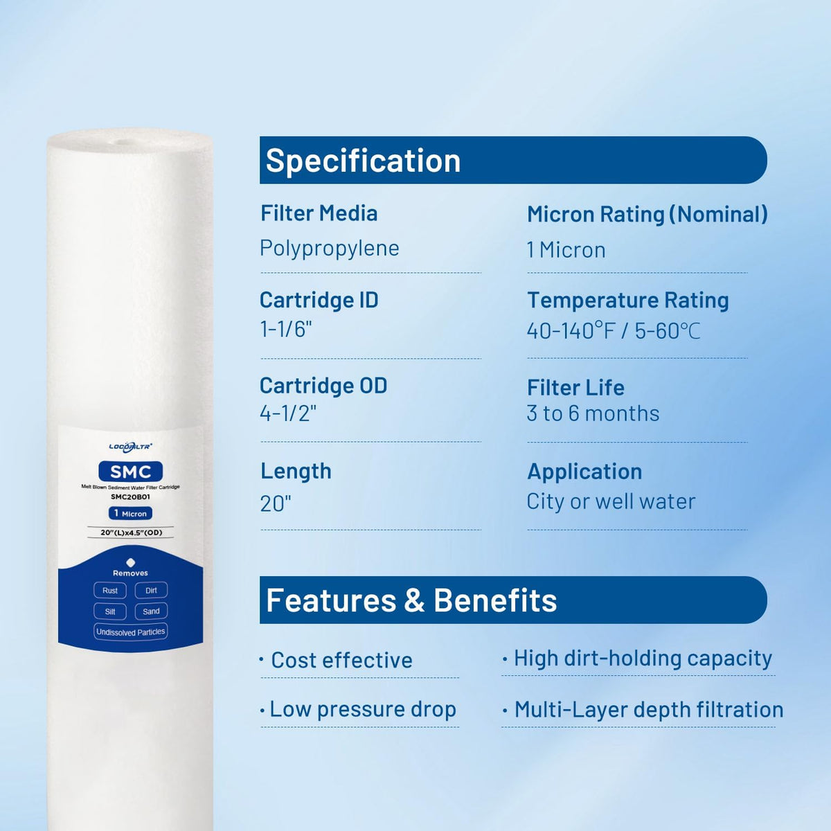 1 Micron 20" x 4.5" PP Whole House Water Filter Cartridge, 2 Pack