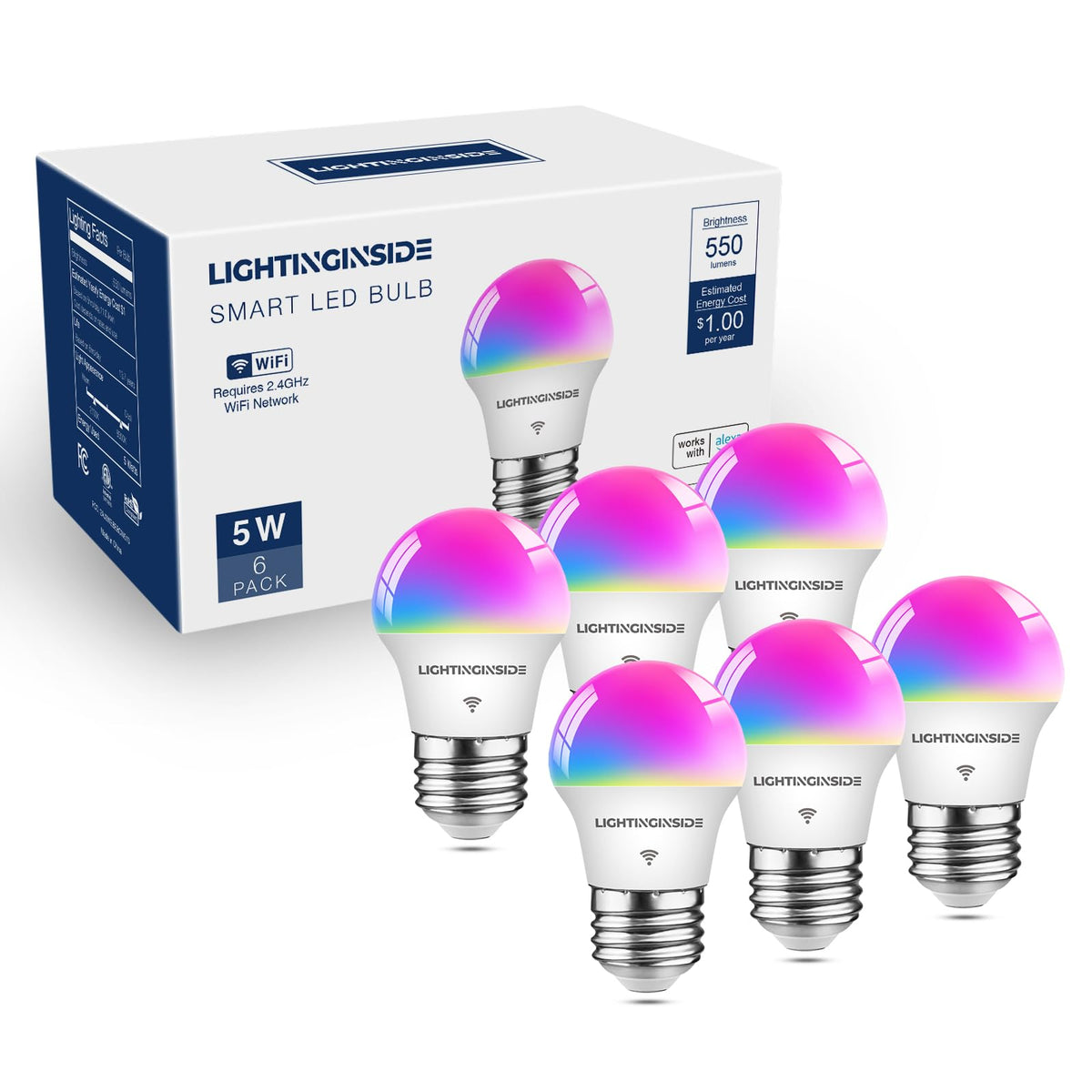 E26 Smart Light Bulb Compatible with Alexa/Google Home, 6PCS